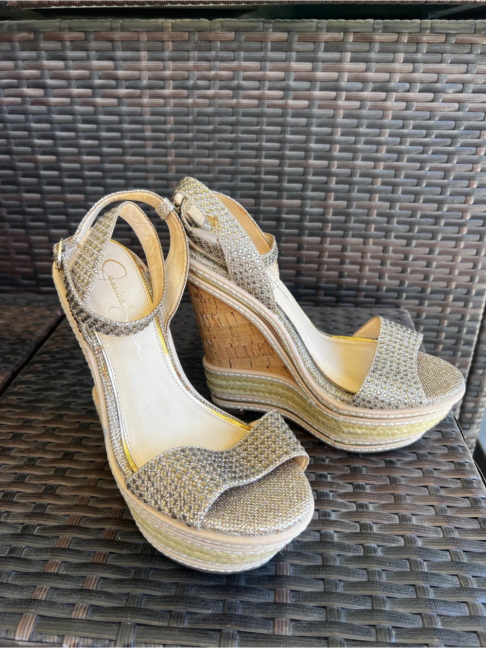 Jessica Simpson Silver and Gold Strappt Glitter Cork Wedge Sandals